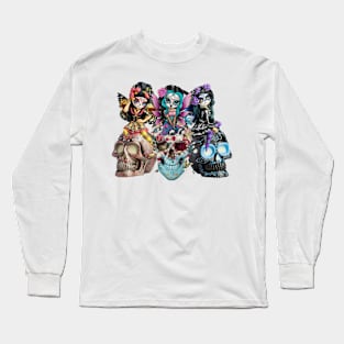 Three Sugar Skulls Flowers Angels Skull Long Sleeve T-Shirt